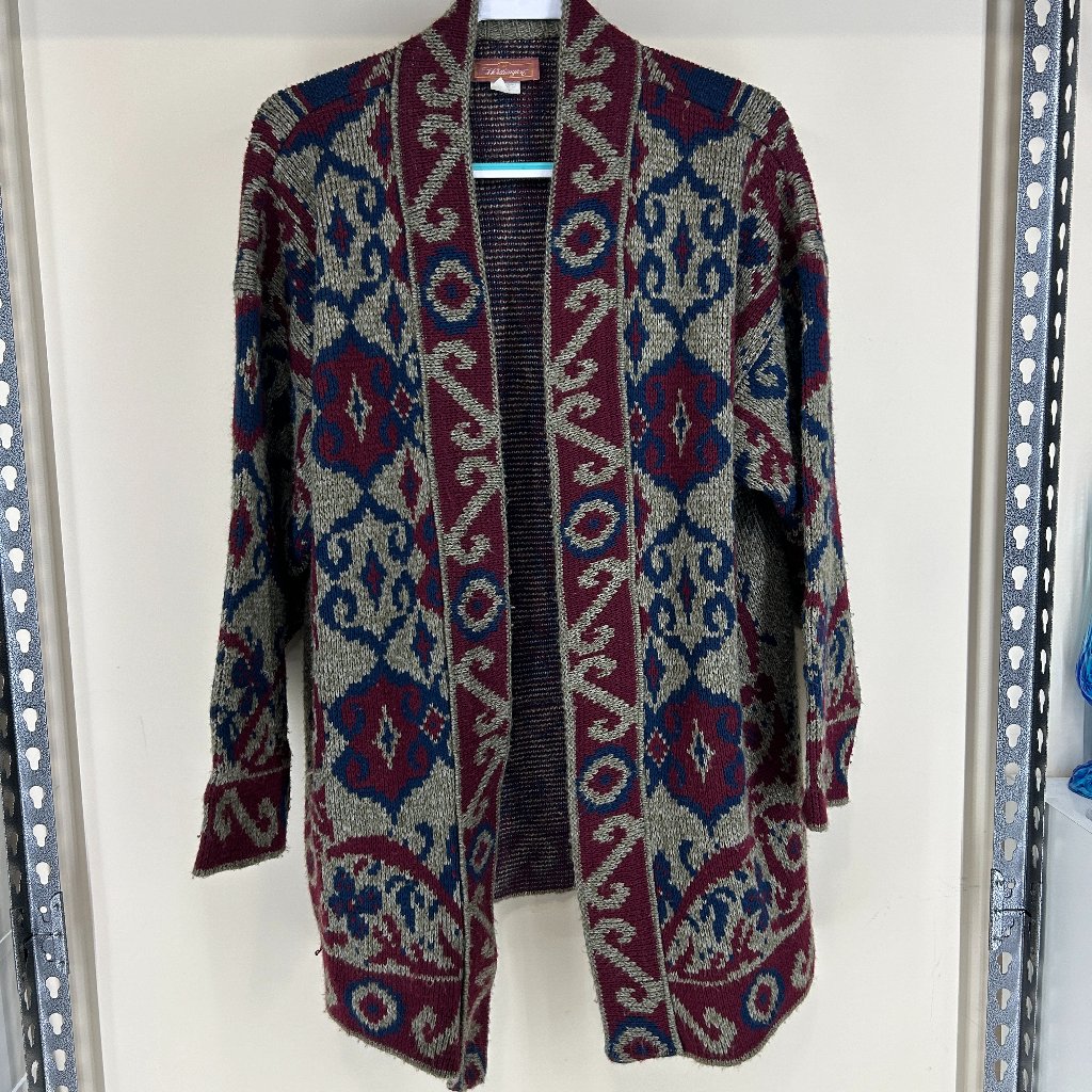 American Vtg Worthington Open Front Thick Cardigan Sz 18w Blue Maroon And Gray